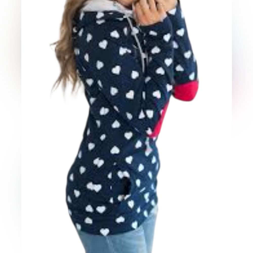 Bayabelle Boutique Women's Navy Heart Print Double Hood and Collar  Hoodie (M)
